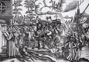 マーティン・ルター（1483-1546）が1517年にヴィッテンベルクの教会のドアに書いた（木版画）（bw写真） 作： German School